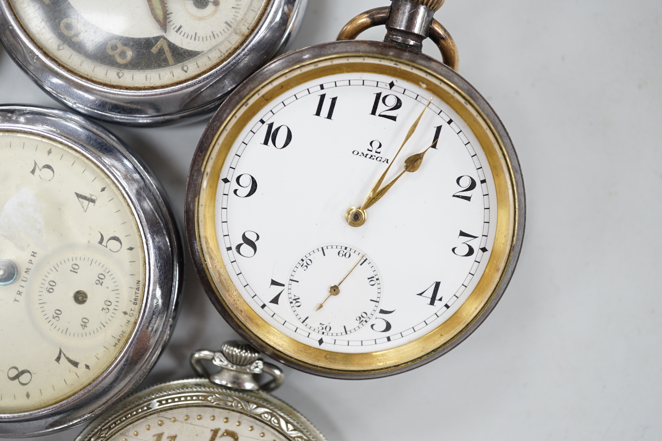 Ten assorted base metal pocket watches including Omega, Waltham and Ingersoll.